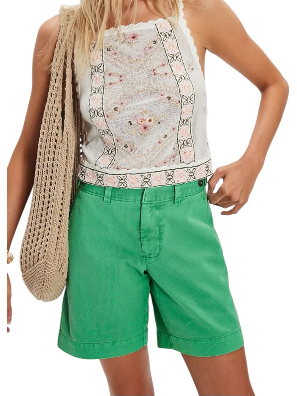 Free People Riverside Bermuda Shorts Green Size 6 New Cotton Summer